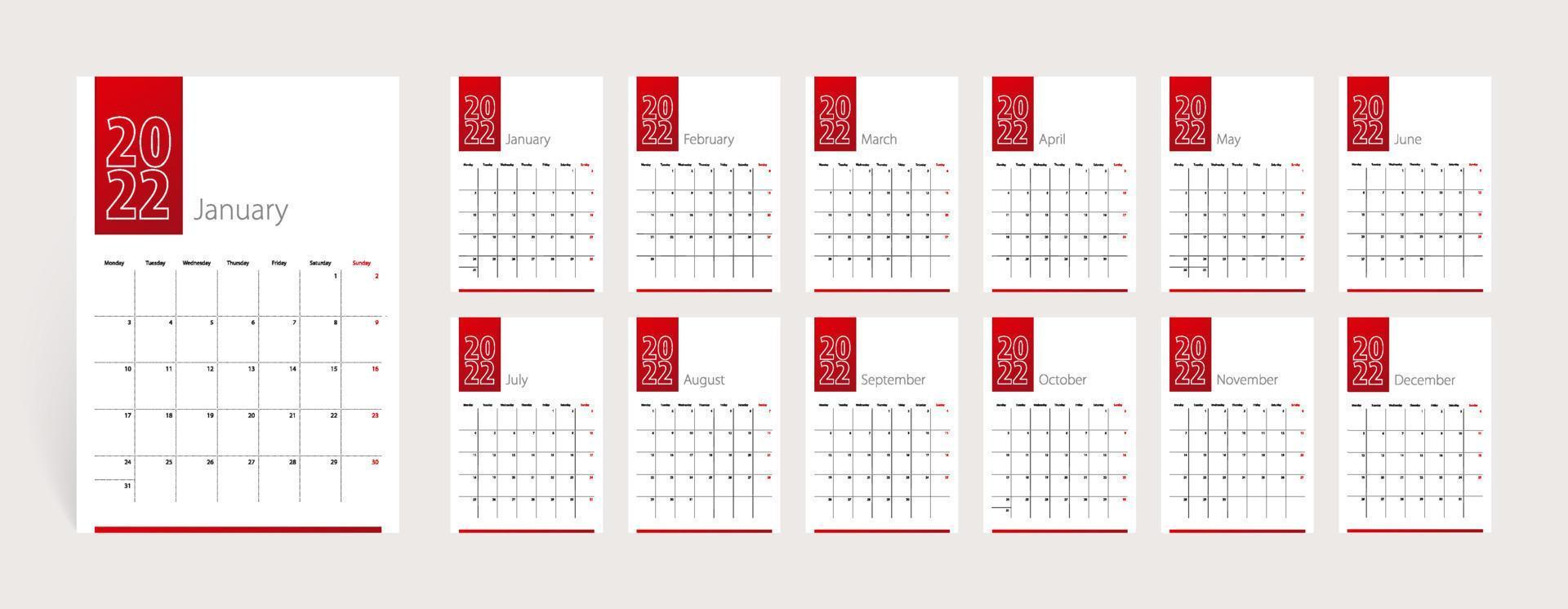 Design de calendário 2022, conjunto de 12 meses. semana começa na segunda-feira. modelo de calendário vertical. vetor