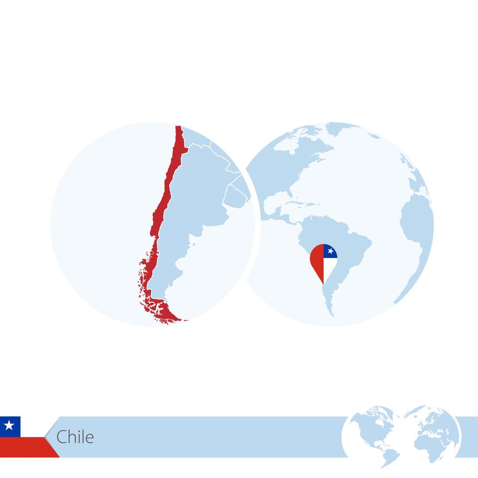 chile no globo do mundo com bandeira e mapa regional do chile. vetor