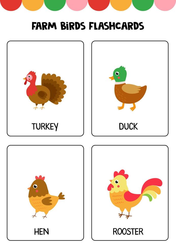 animais de fazenda bonito dos desenhos animados com nomes. flashcards para crianças. vetor