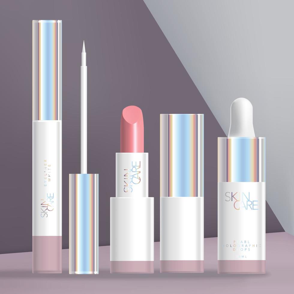 conjunto de embalagens de beleza ou cosméticos holográficos vetoriais com delineador branco, batom e frasco conta-gotas vetor