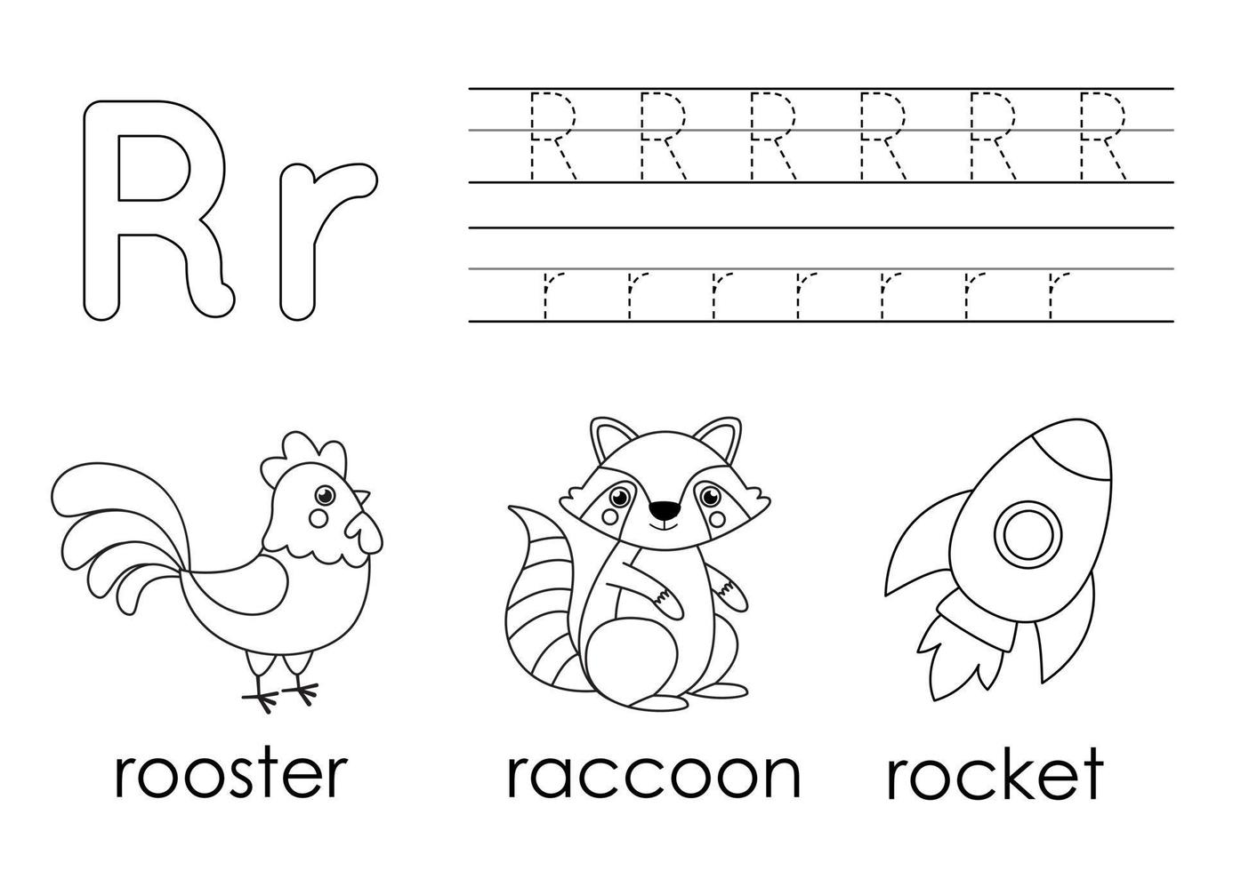 aprendendo o alfabeto inglês para crianças. letra r. livro de colorir. vetor