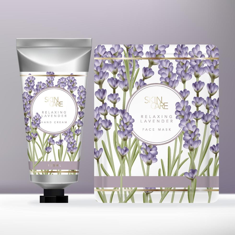 conjunto de beleza de lavanda violeta vetorial com tubo de creme de mão prateado metálico e pacote de máscara facial ou embalagem de sachê vetor