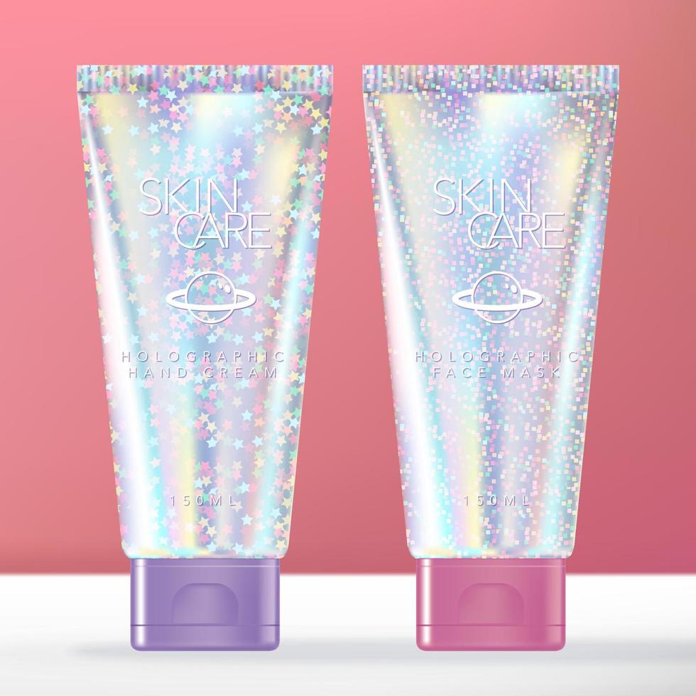 embalagem de tubo de produtos de higiene pessoal ou beleza holográfica de glitter na moda para creme para as mãos, loção ou xampu. vetor