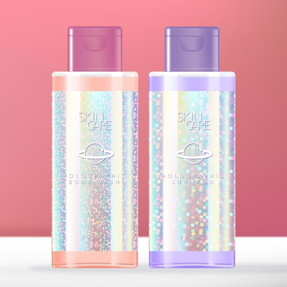 sachê, bolsa ou pacote com fecho de correr holográfico de glitter moderno vetor com janela transparente. pérola de banho rosa.