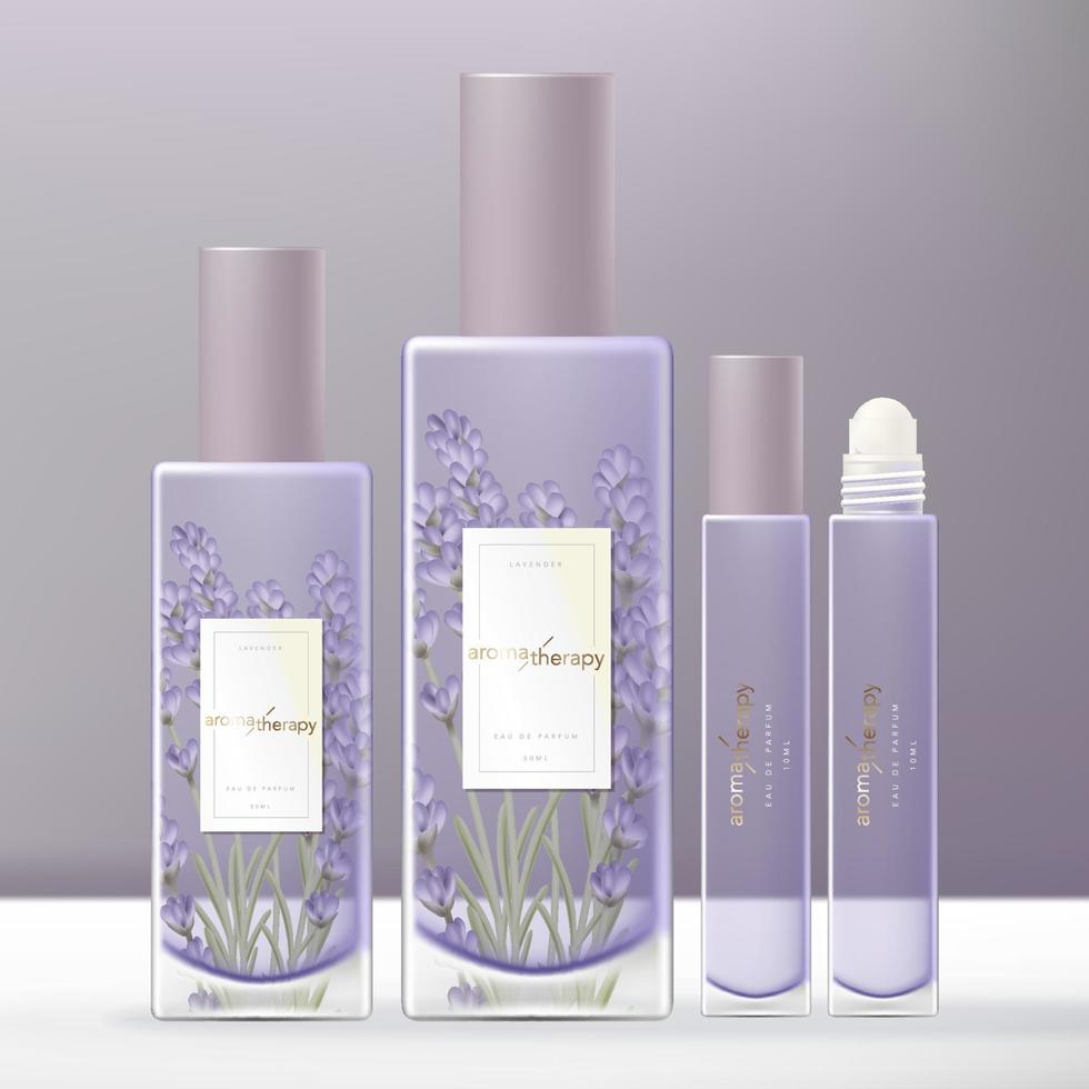 conjunto de embalagem de frasco de vidro de perfume violeta de lavanda vetor com rolo em tubo de vidro de óleo de fragrância