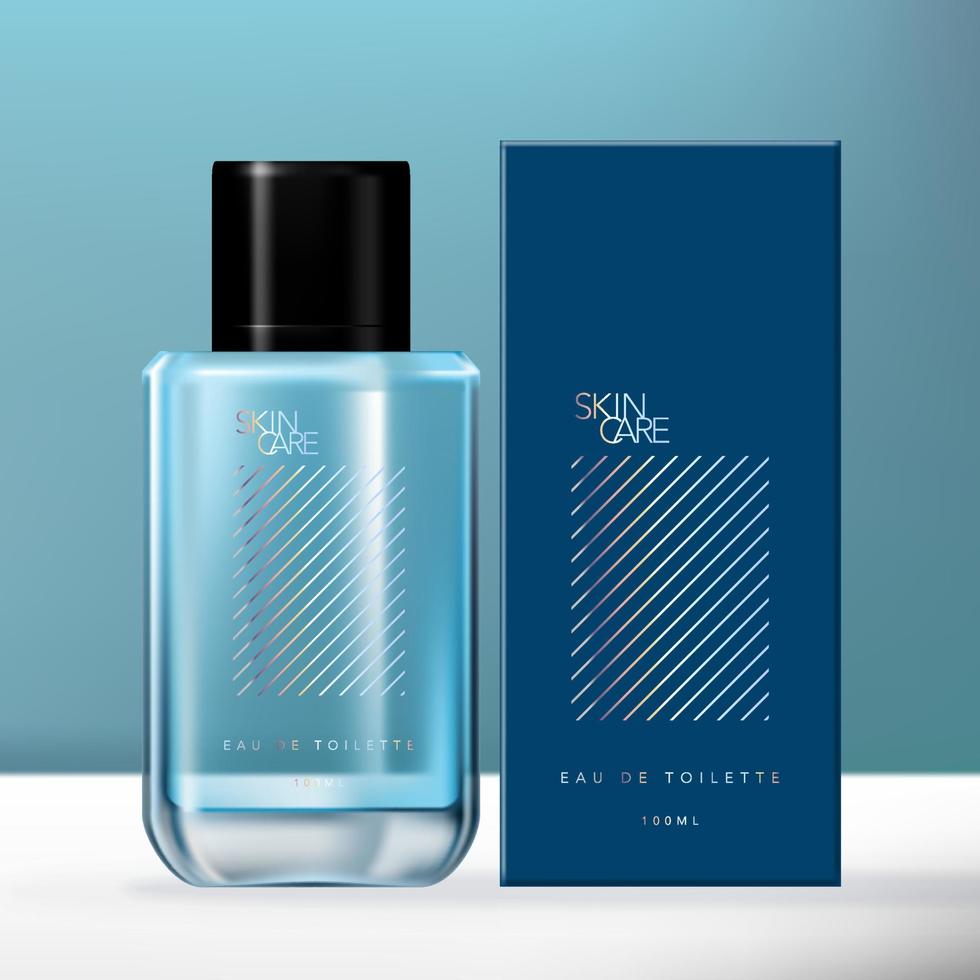 conjunto de embalagem de garrafa de vidro de fragrância masculina azul e holográfica vetorial com caixa de papelão. vetor