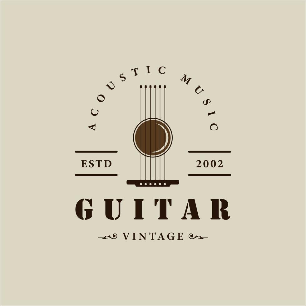 guitarra abstrata logotipo clássico ilustração em vetor vintage modelo ícone design gráfico. sinal de instrumento de música acústica ou símbolo para banda de guitarristas e negócios de loja com estilo de tipografia
