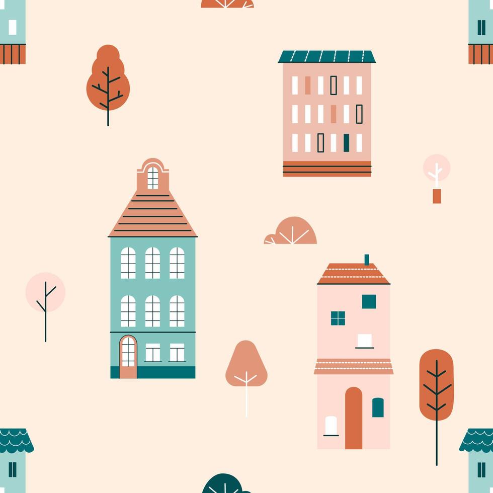 bonito escandinavo casas sem costura de fundo. crianças repetindo impressão com casas, arbustos, árvores. design de textura de cidade de edifícios estilizados nórdicos. ilustração vetorial plana de cor vetor