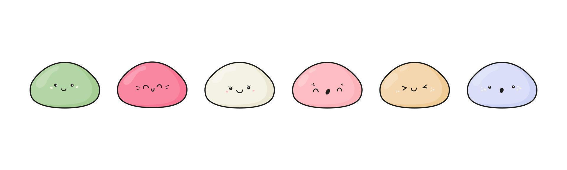 conjunto de vetores de ícone mochi bonito. personagens de desenhos animados com vários rostos kawaii. sobremesa de arroz doce japonesa em tons pastel. ilustração do logotipo mochi isolada no fundo branco