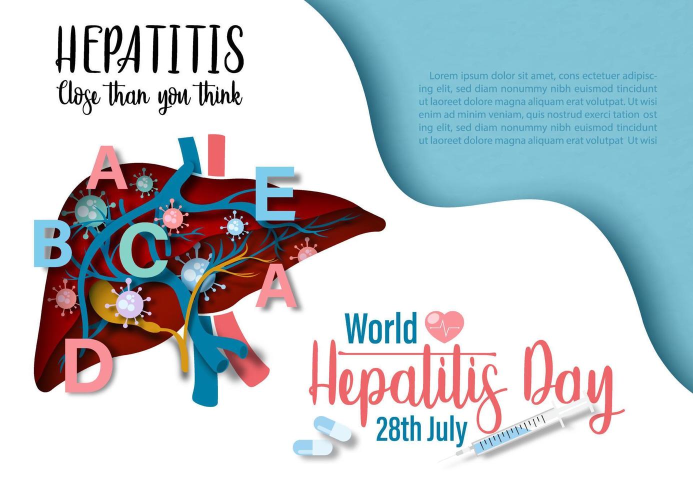 um fígado humano com letras em inglês e símbolos do vírus da hepatite, redação do dia mundial da hepatite, textos de exemplo em fundo branco e azul. campanha de cartaz do dia mundial da hepatite em estilo de corte de papel vetor