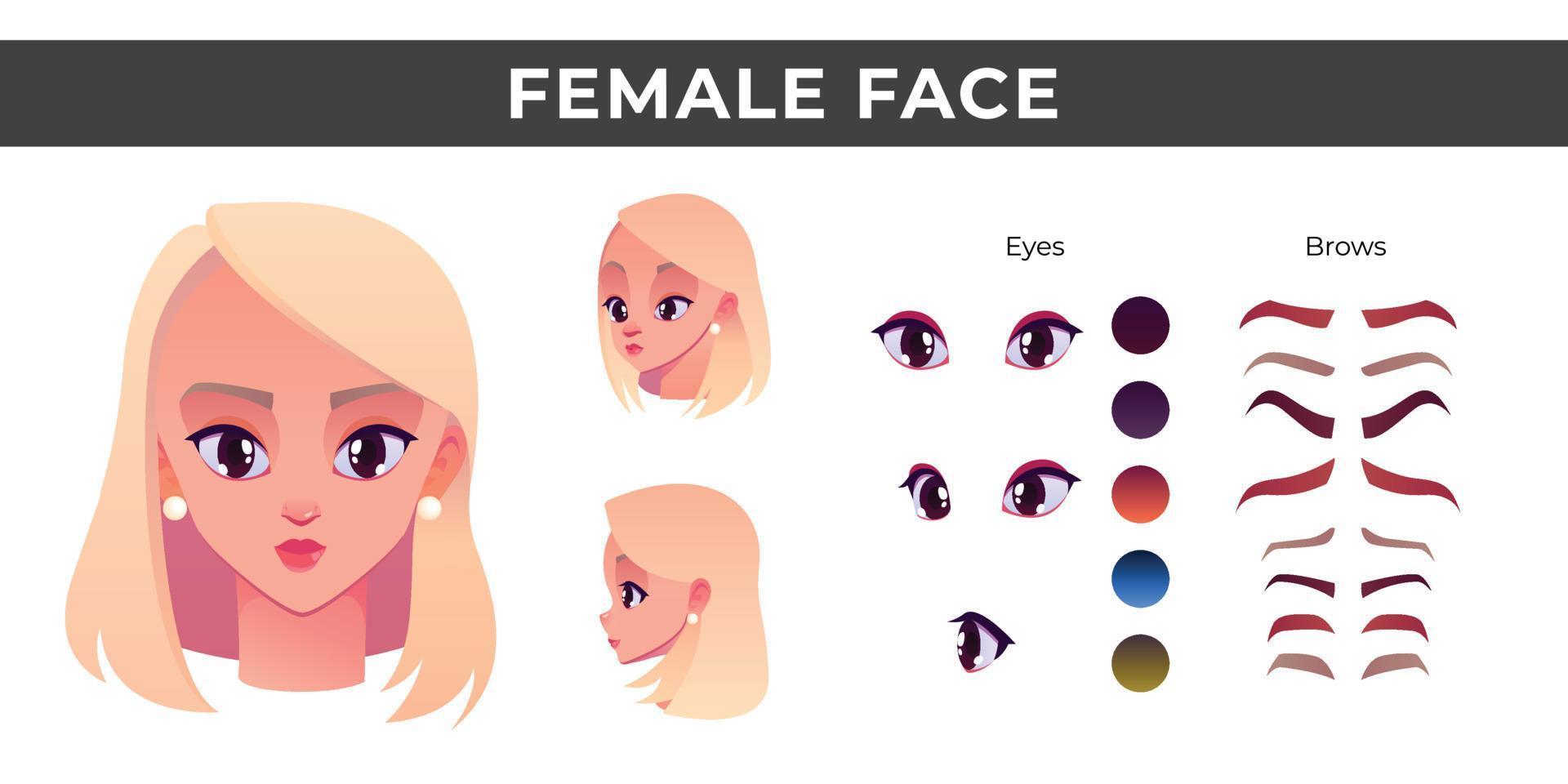 mulheres enfrentam elementos construtores com diferentes cores e formas de sobrancelhas de olhos, personagem feminina de olhos vetor