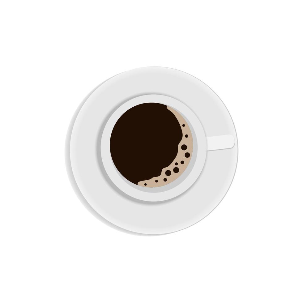 xícara de café branco de vista superior e pires. caneca de café preto com espuma. projeto plano. vetor