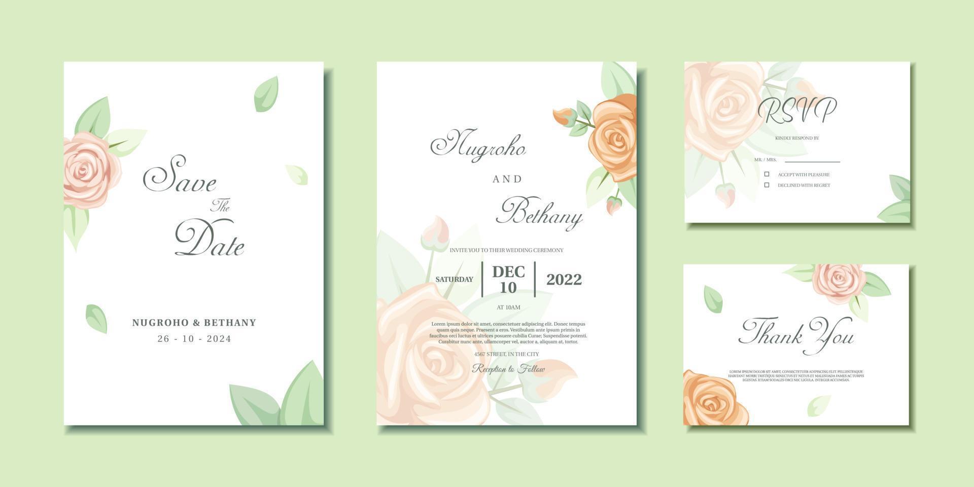 convite de casamento com lindo buquê de rosas e folhas. convite de casamento, cartão de agradecimento e rsvp com buquê de flores rosas vetor