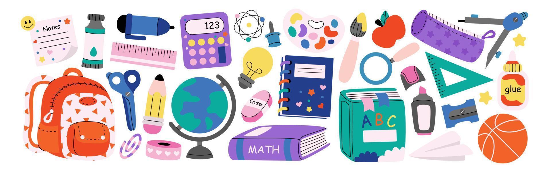 conjunto de material escolar de estudo, mochila, lápis, pincéis, tintas, régua, apontador, adesivos, calculadora, livros, cola, globo. assuntos de papelaria fofos infantis. de volta à escola. ilustração plana. vetor