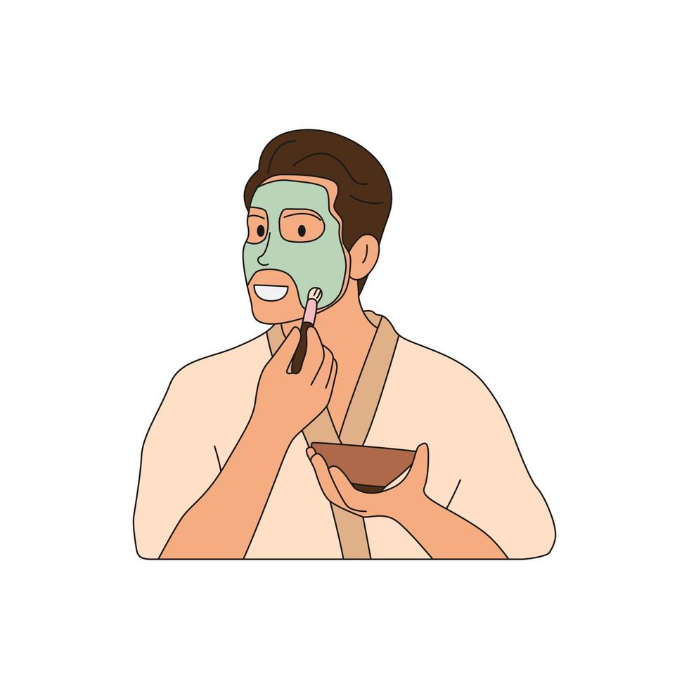 retrato de homem de roupão aplicando máscara de argila no rosto para tratamento facial, rejuvenescimento da pele. cuidados com a pele e facial para homens. Cuidados de saúde do homem jovem e cuidados com o rosto da pele. ilustração plana desenhada à mão vetor