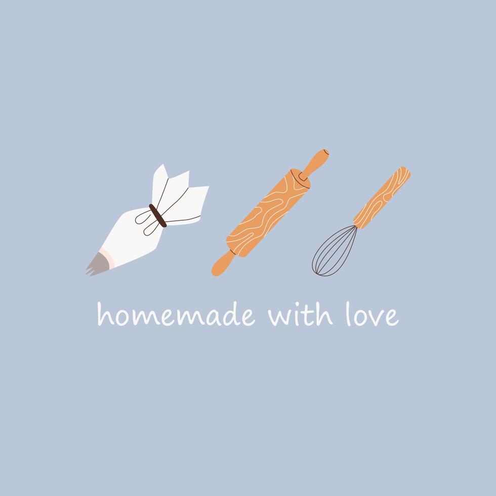 letras de caseiro com amor com utensílios de cozinha. cozinha, ferramentas de cozimento. batedor, rolo, saco de confeitar. ilustração plana para banner, cartão, cartão postal, convite, festa, pôster, impressão, web. vetor