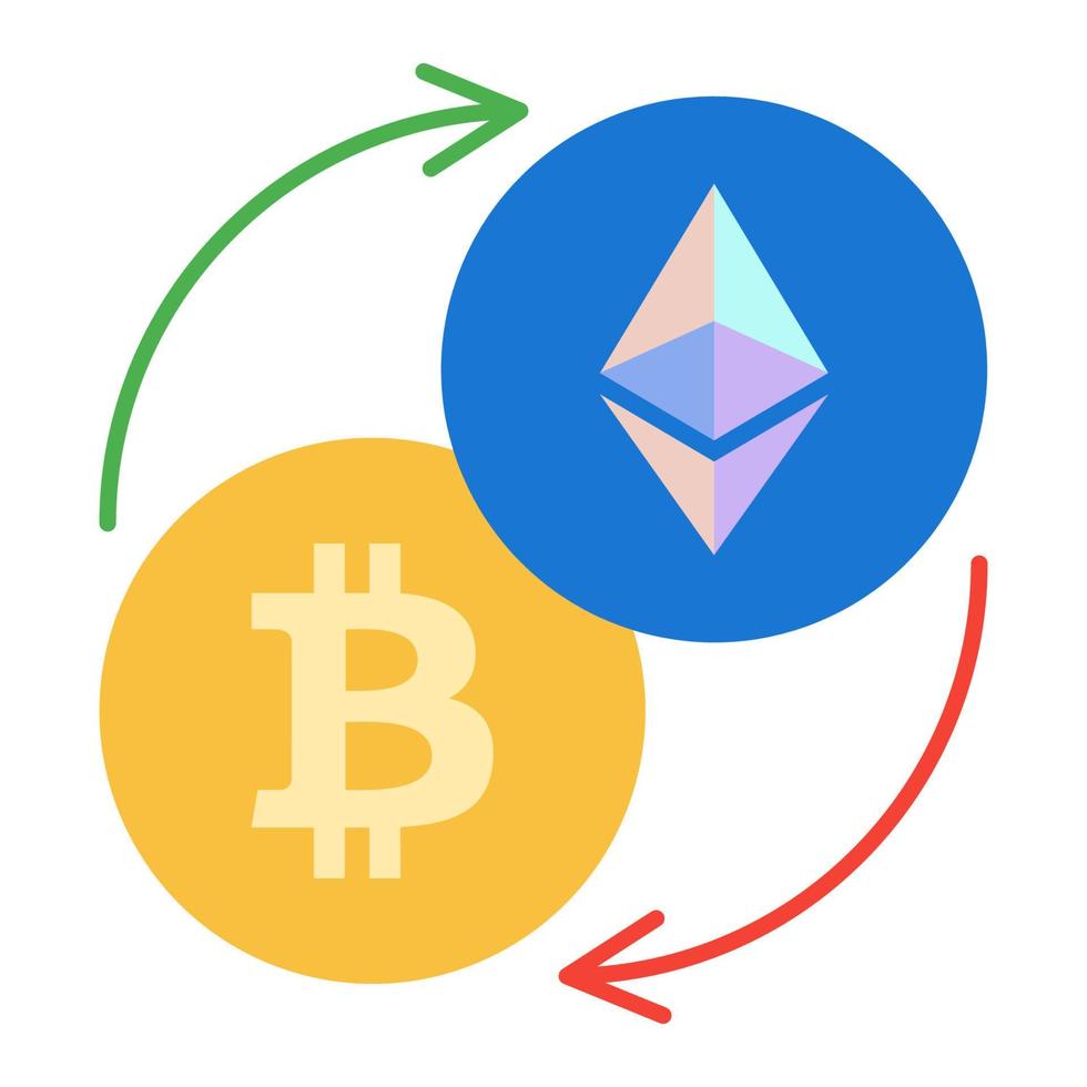 emblema de troca de criptomoedas, ícones de bitcoin e ethereum, ilustração de negócios de vetor de cor plana.