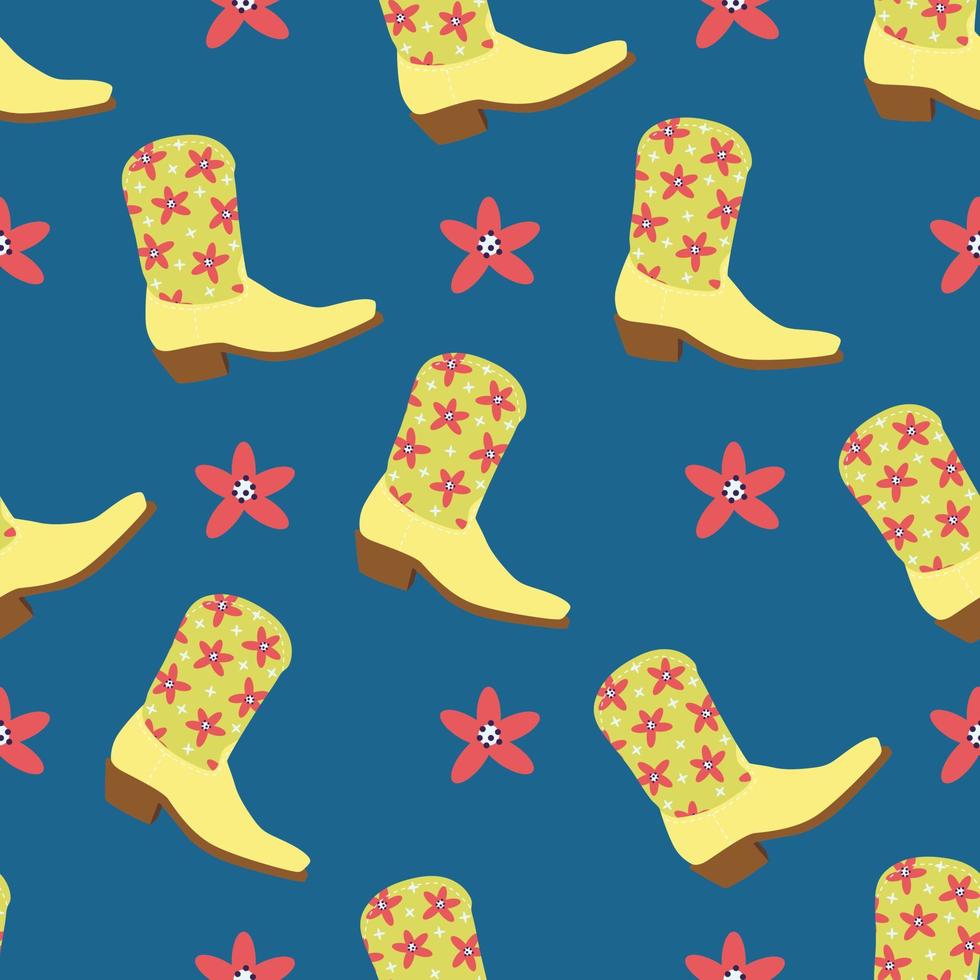 sem costura padrão de cowboy dos desenhos animados, botas de cowboy com flores bonitas em azul. estilo de moda do oeste selvagem. cowboy western, conceito de oeste selvagem. ilustração plana de cor desenhada à mão. vetor