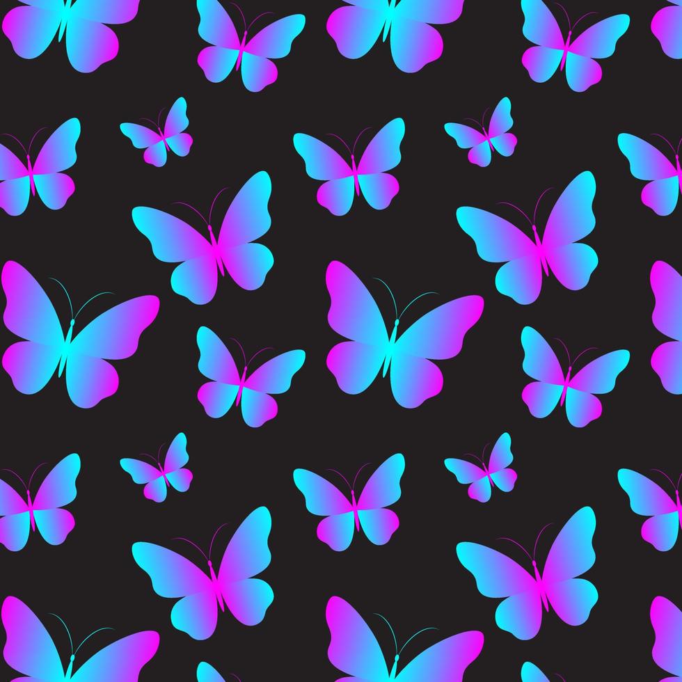 padrão sem emenda de borboletas de néon brilhante. design de gradiente holográfico colorido em fundo preto vetor