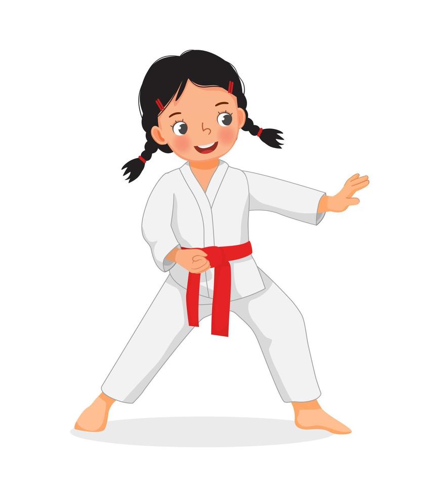 menina bonitinha de karatê garoto com faixa vermelha mostrando poses de técnicas de ataque de chute na prática de treinamento de arte marcial vetor