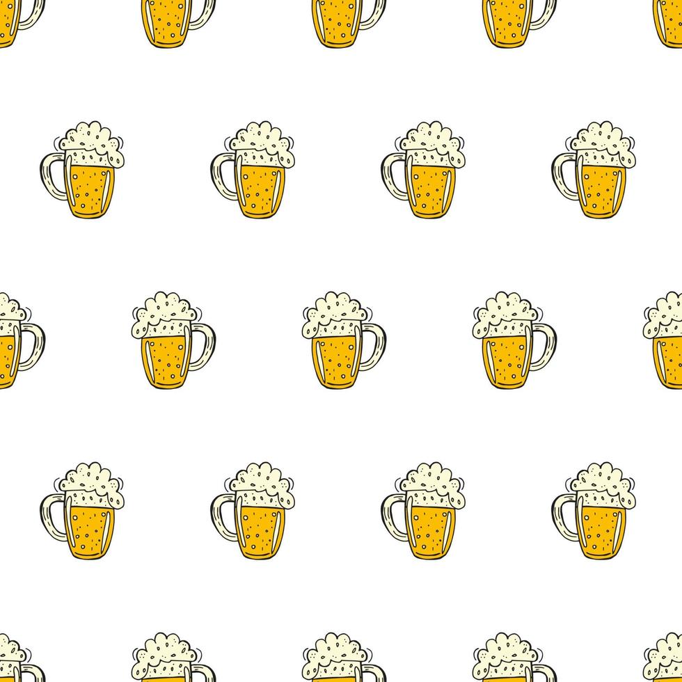 oktoberfest 2022 - festival da cerveja. elementos de doodle desenhados à mão. padrão sem emenda. feriado tradicional alemão. canecas de cerveja coloridas com espuma em um fundo branco. vetor