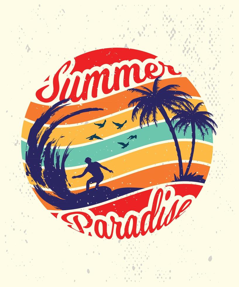design de camiseta de surf vintage paraíso de verão vetor
