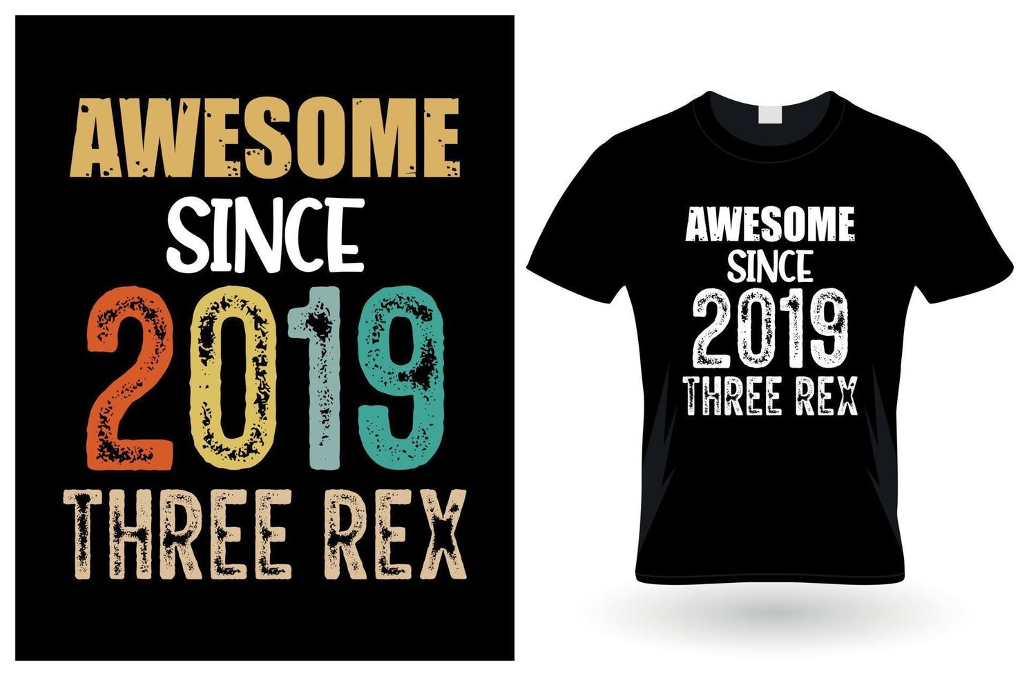 incrível desde 2019 design de camiseta com três rex vetor