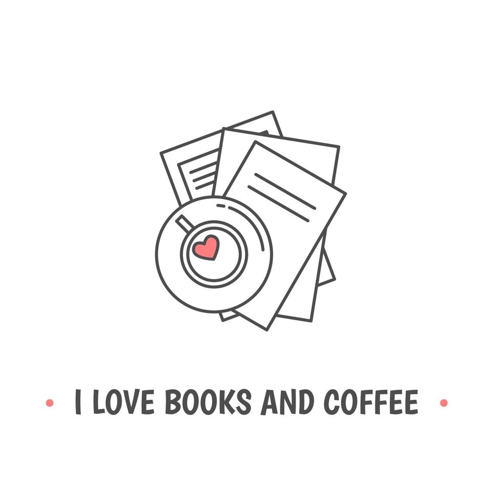pilha de livros e xícara de café ou chá com símbolos do coração. eu amo livros e citação de café vetor
