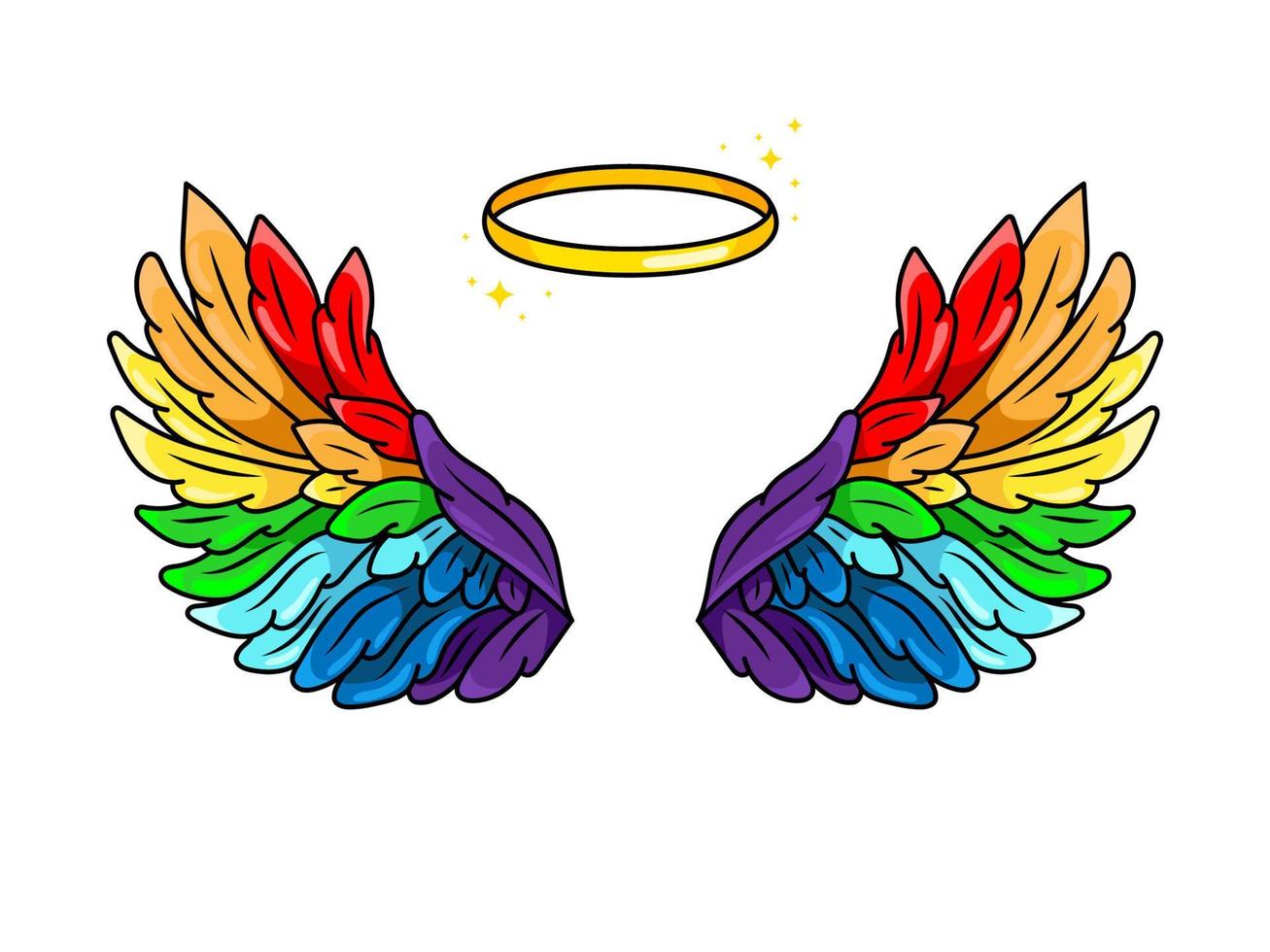 asas mágicas da cor do arco-íris no estilo de quadrinhos pop art dos anos 80 e 90. asas de anjo largas e auréolas. elemento de patch retrô na moda inspirado em desenhos antigos. ilustração vetorial vetor