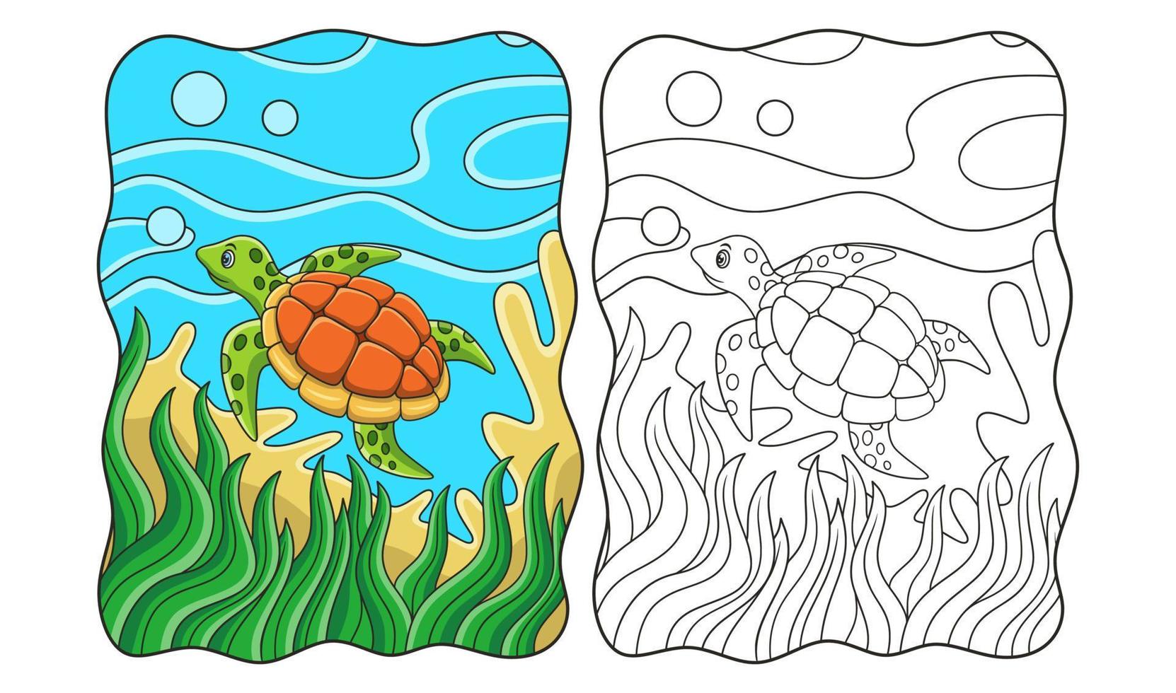 tartarugas de ilustração de desenhos animados estão nadando no mar com alguns recifes de corais e plantas marinhas livro ou página para crianças vetor