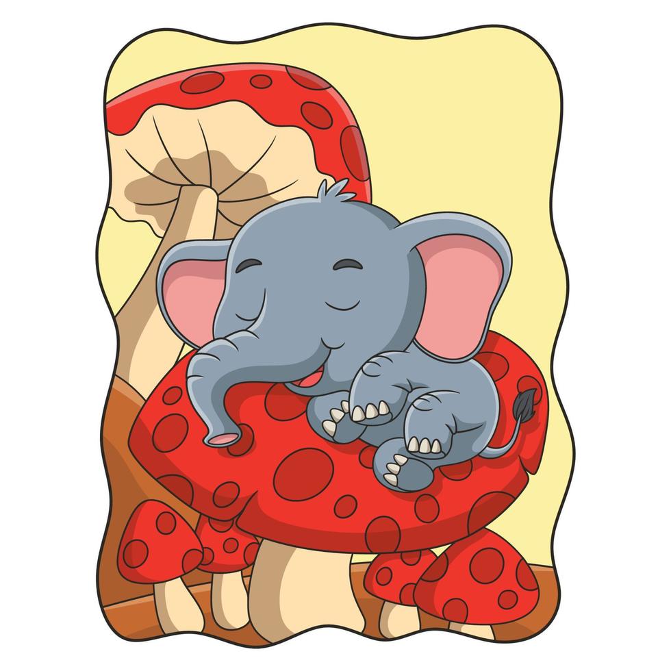 ilustração dos desenhos animados elefante dormindo em um cogumelo gigante durante o dia vetor