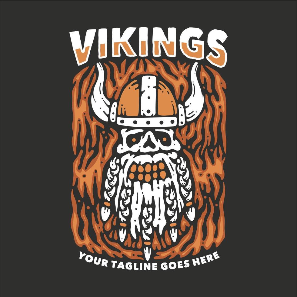 design de camiseta vikings com cabeça de viking de caveira e ilustração vintage de fundo cinza vetor