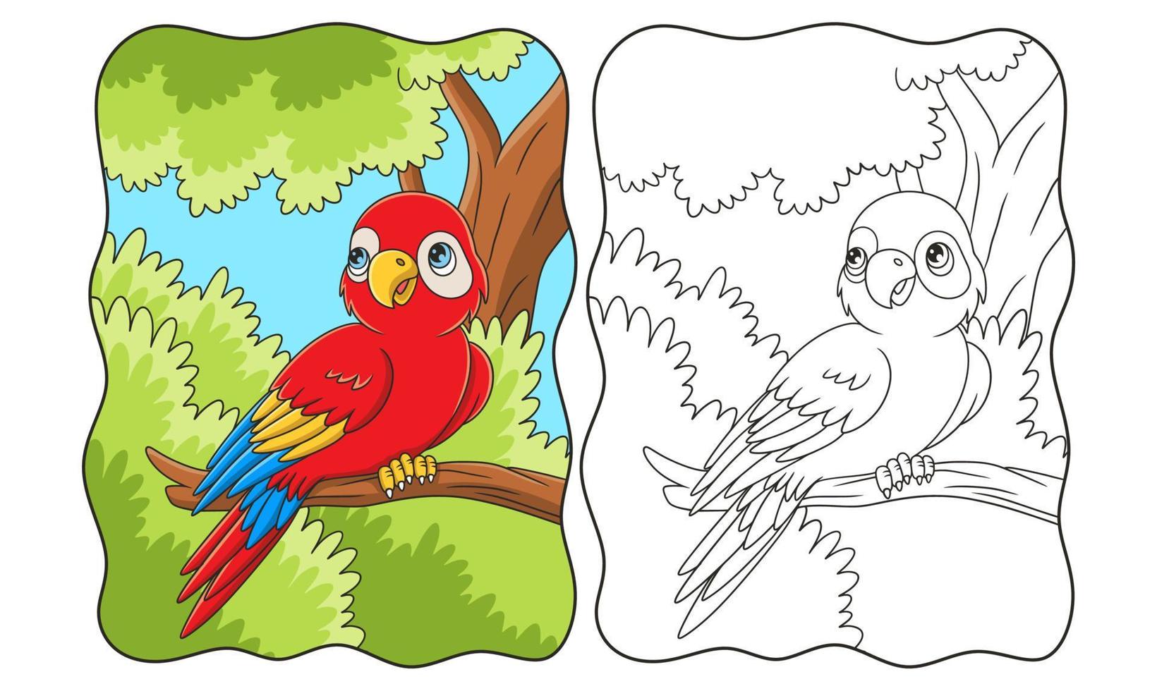 ilustração dos desenhos animados o papagaio está empoleirado em um tronco de árvore alto e grande no meio da floresta e olhando para trás livro ou página para crianças vetor