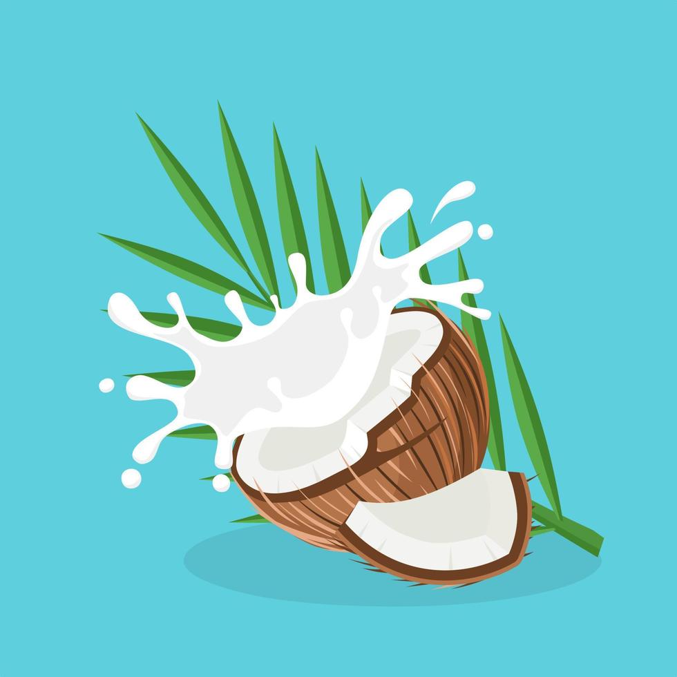 ilustração vetorial, coco e folhas com respingos de leite, como banner, pôster ou modelo, dia mundial do coco. vetor