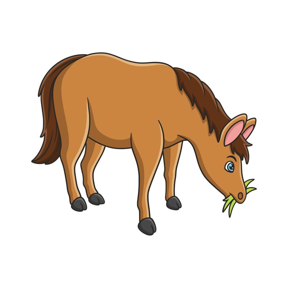 ilustração dos desenhos animados um cavalo comendo grama à beira do rio sob uma grande árvore vetor
