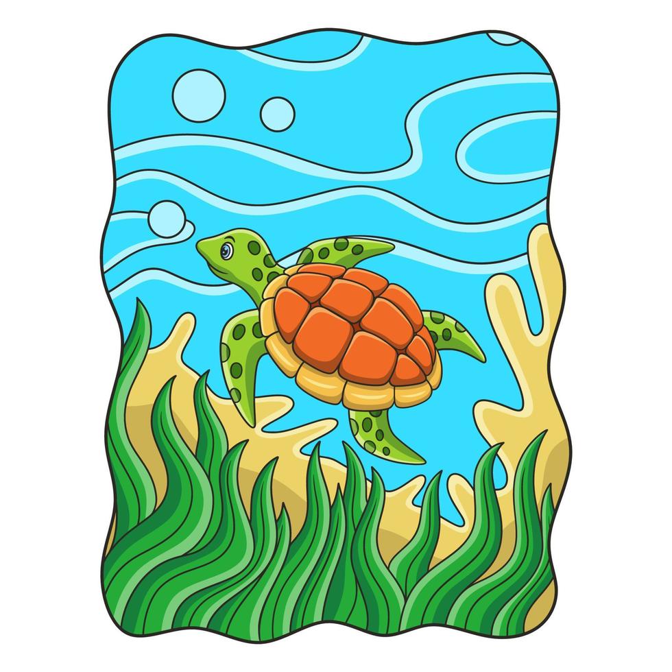 tartarugas de ilustração dos desenhos animados estão nadando no mar com alguns recifes de corais e plantas marinhas vetor