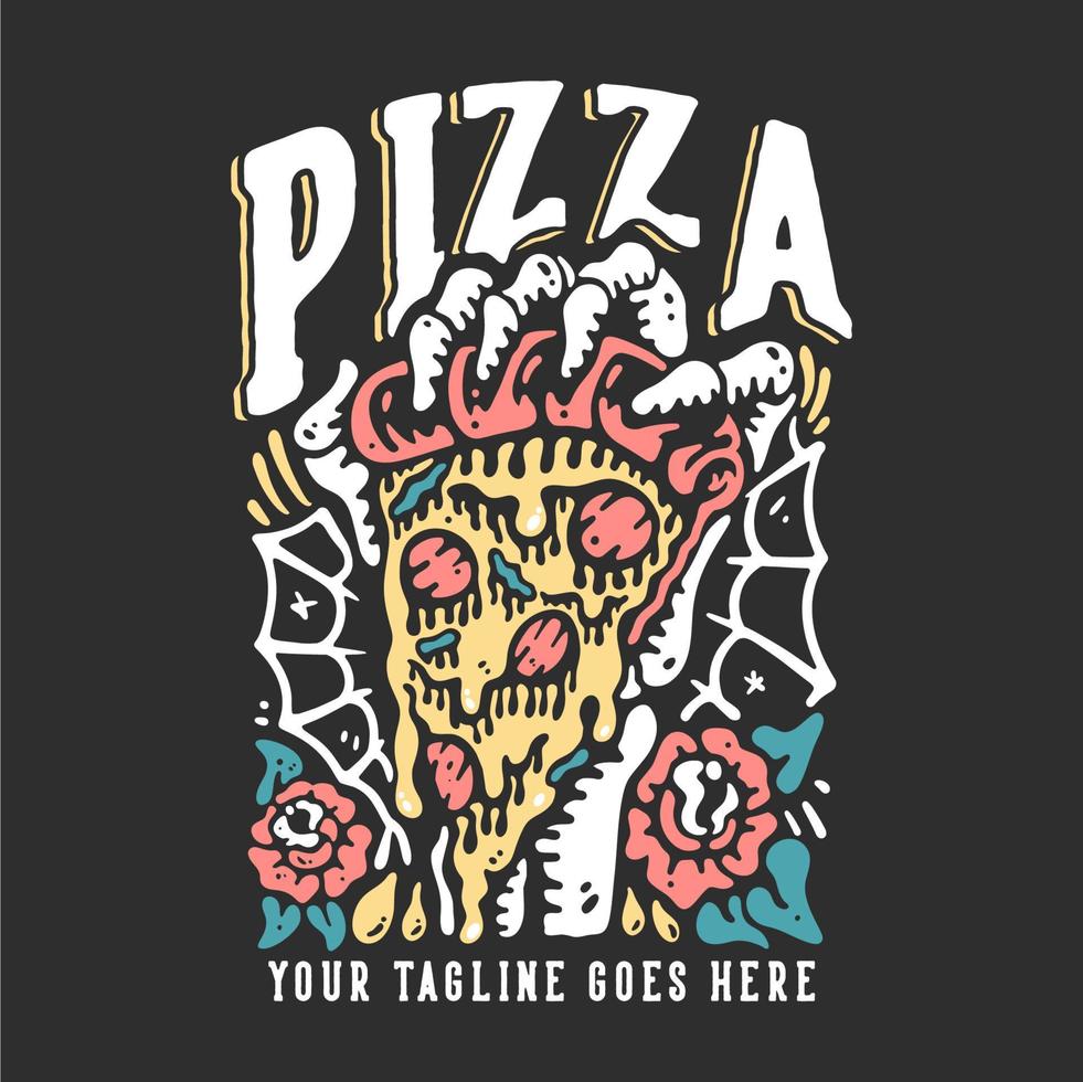 pizza de design de camiseta com mão de esqueleto pegando uma pizza com ilustração vintage de fundo cinza vetor