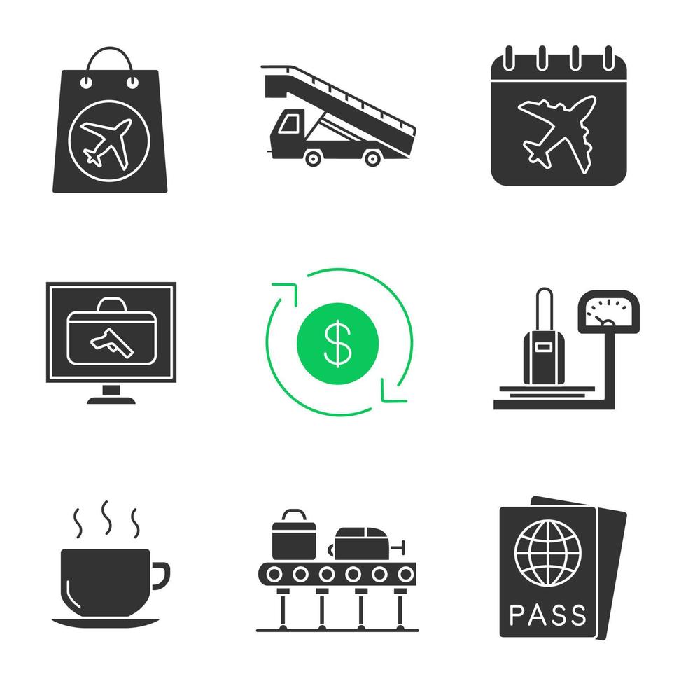 conjunto de ícones de glifo de serviço de aeroporto. duty free, caminhão escada, data do voo, scanner e balança de bagagem, reembolso, bebida quente, carrossel de bagagem, passaporte. símbolos de silhueta. ilustração vetorial isolada vetor