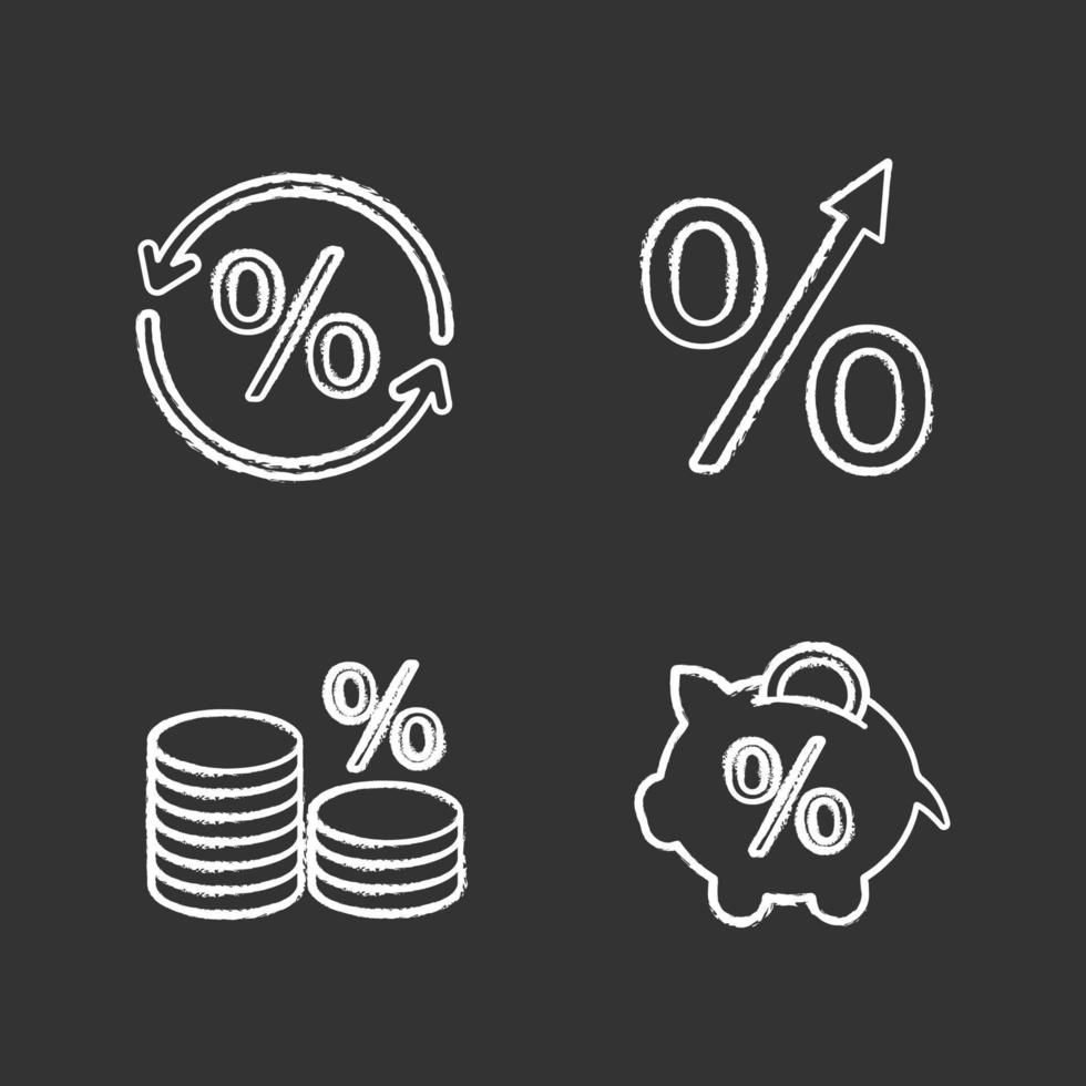 conjunto de ícones de giz por cento. aumento percentual, cofrinho, pilha de moedas, economia de dinheiro, conversão percentual. ilustrações de quadro-negro vetoriais isolados vetor