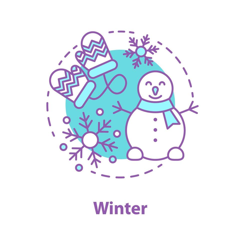 ícone do conceito de temporada de inverno. ilustração de linha fina de idéia de tempo nevado. entretenimento de inverno. fabricação de boneco de neve. desenho de contorno isolado de vetor