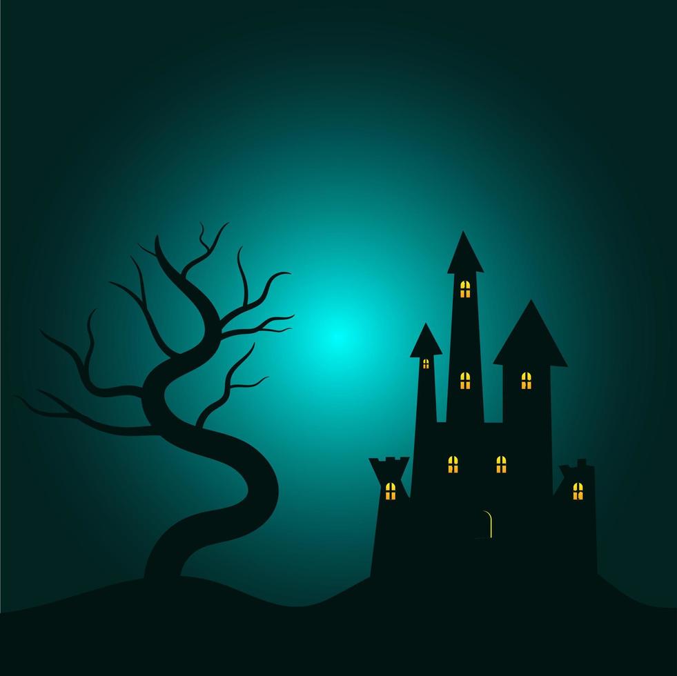 desenho de casa assombrada nas colinas com árvore no céu noturno vetor