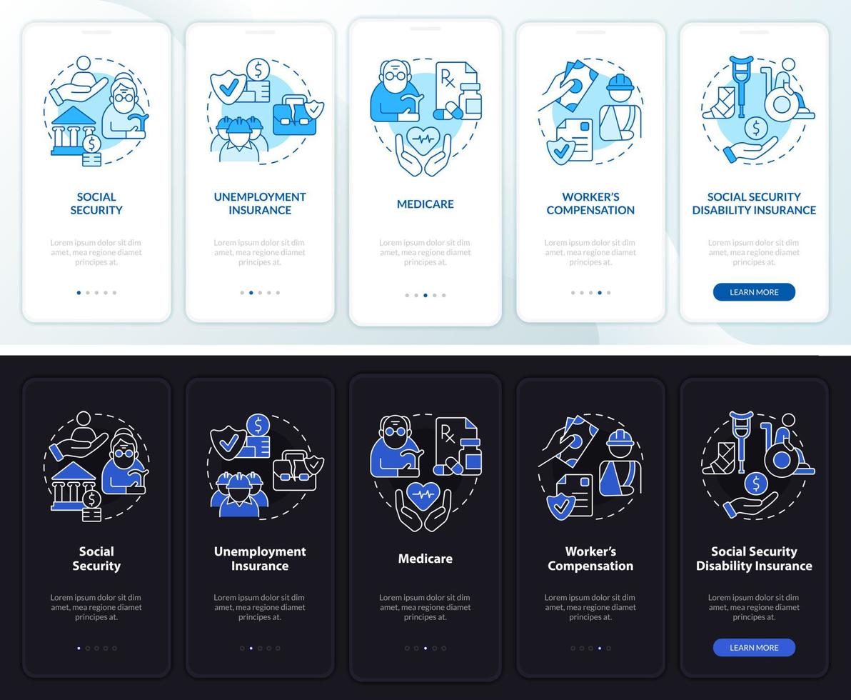 tela do aplicativo móvel do modo noturno e diurno do seguro social federal. passo a passo 5 passos páginas de instruções gráficas com conceitos lineares. ui, ux, modelo de gui vetor