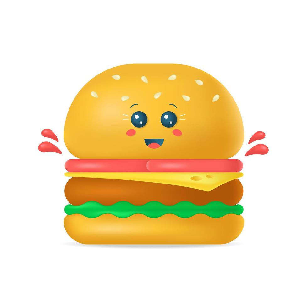 hambúrguer kawaii bonito dos desenhos animados 3d isolado no fundo branco. ilustração vetorial de estoque. vetor