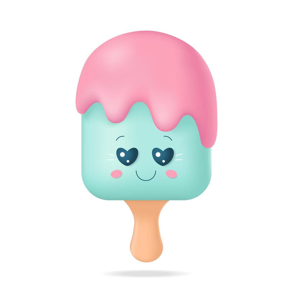 Sorvete 3d fofo macio dos desenhos animados com ilustração de estoque de rosto emoji.kawaii.vector. vetor