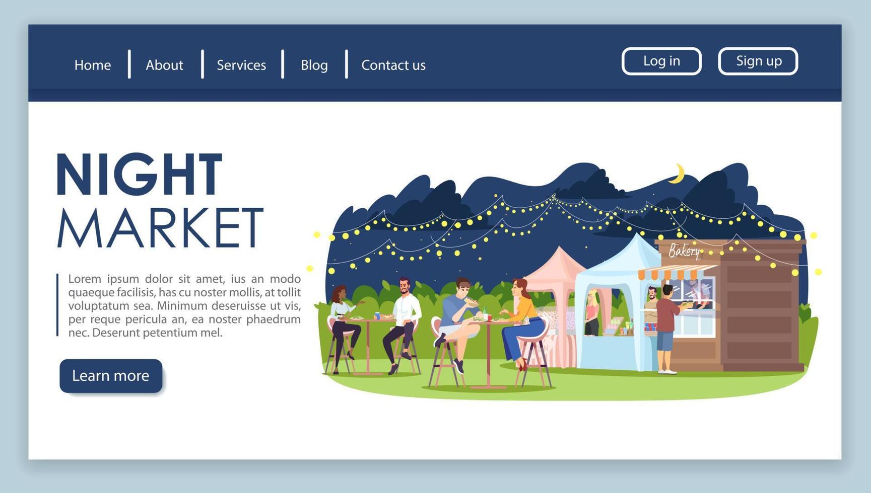 modelo de vetor de página de destino do mercado noturno. praça de alimentação na ideia de interface do site city fest com ilustrações planas. layout da página inicial do park cafe. aproveitando o banner da web de comida de rua, conceito de desenho animado da página da web