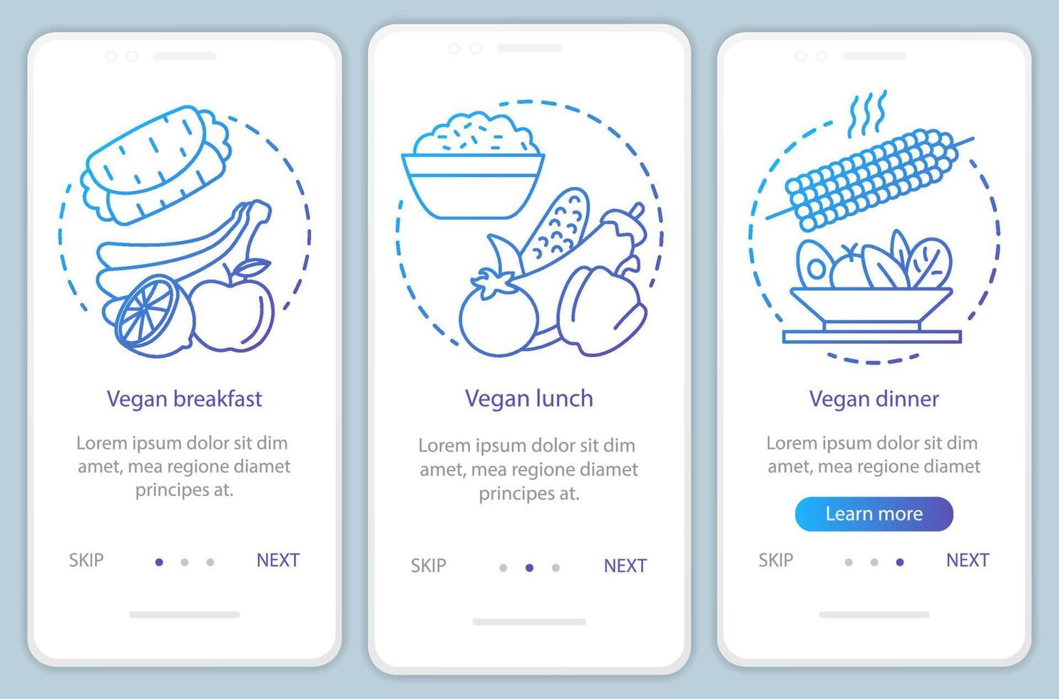 menu vegetariano onboarding modelo de vetor de tela de página de aplicativo móvel. Passo a passo do site vegano de café da manhã, almoço e jantar com ilustrações lineares. ux, ui, gui conceito de interface de smartphone