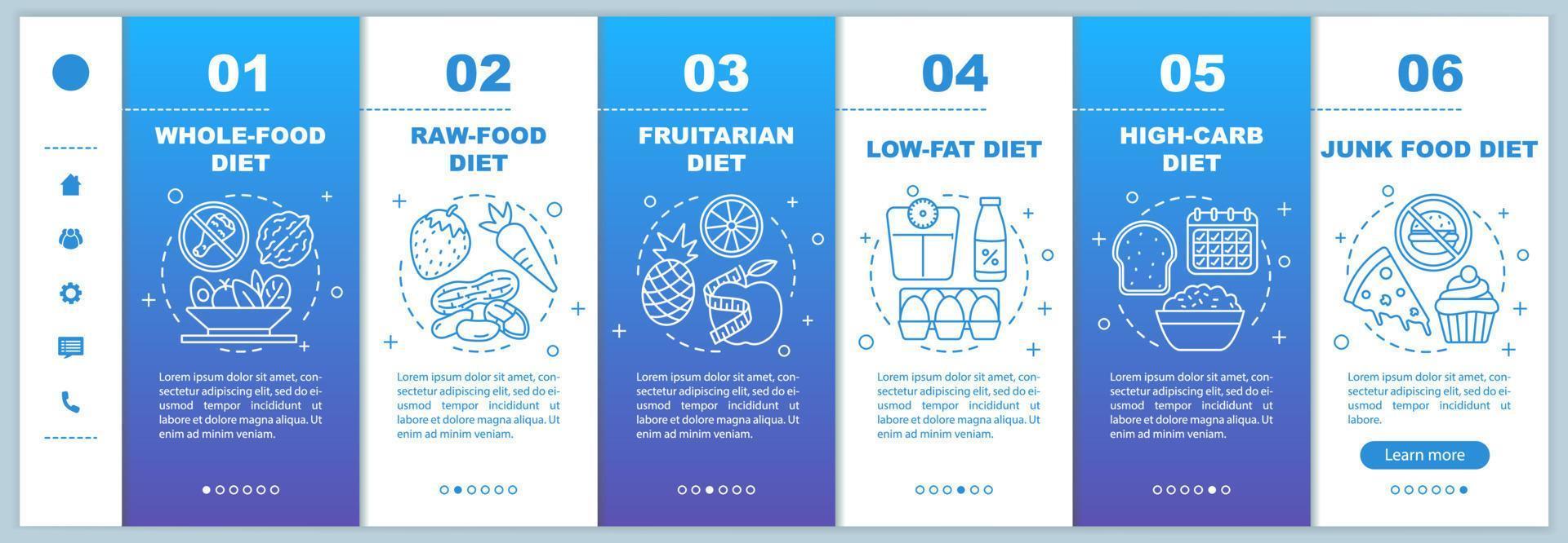 dieta vegana onboarding modelo de vetor de páginas da web móvel. ideia de interface de site de smartphone responsivo com ilustrações lineares. telas passo a passo da página da web. conceito de cor de estilo de vida vegetariano