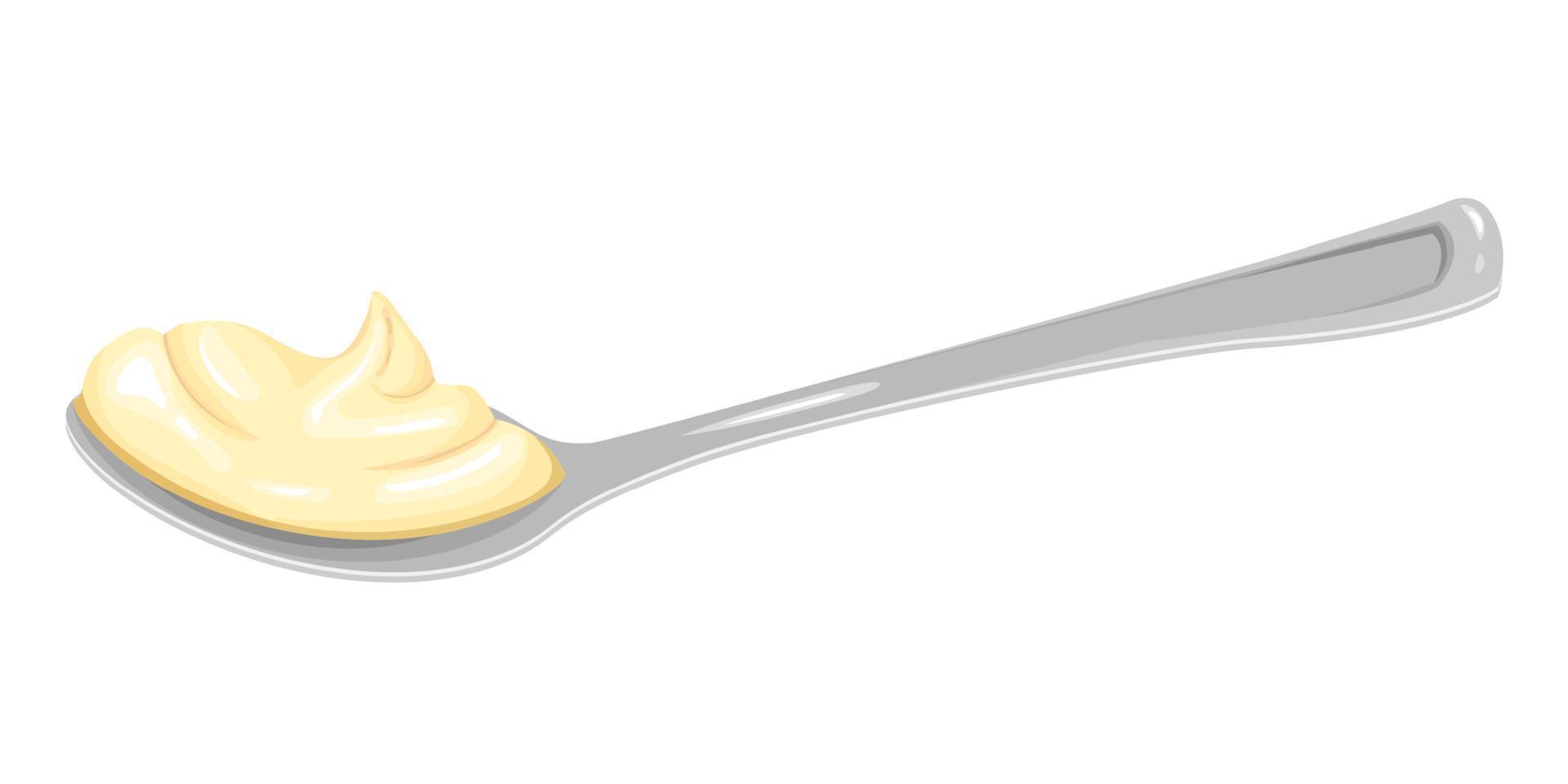 colher de prata dos desenhos animados com vista lateral de maionese, creme ou creme de queijo. clipart vetorial isolado em um fundo branco para banners, aplicativos com tema de cozinha, menu e muito mais. vetor