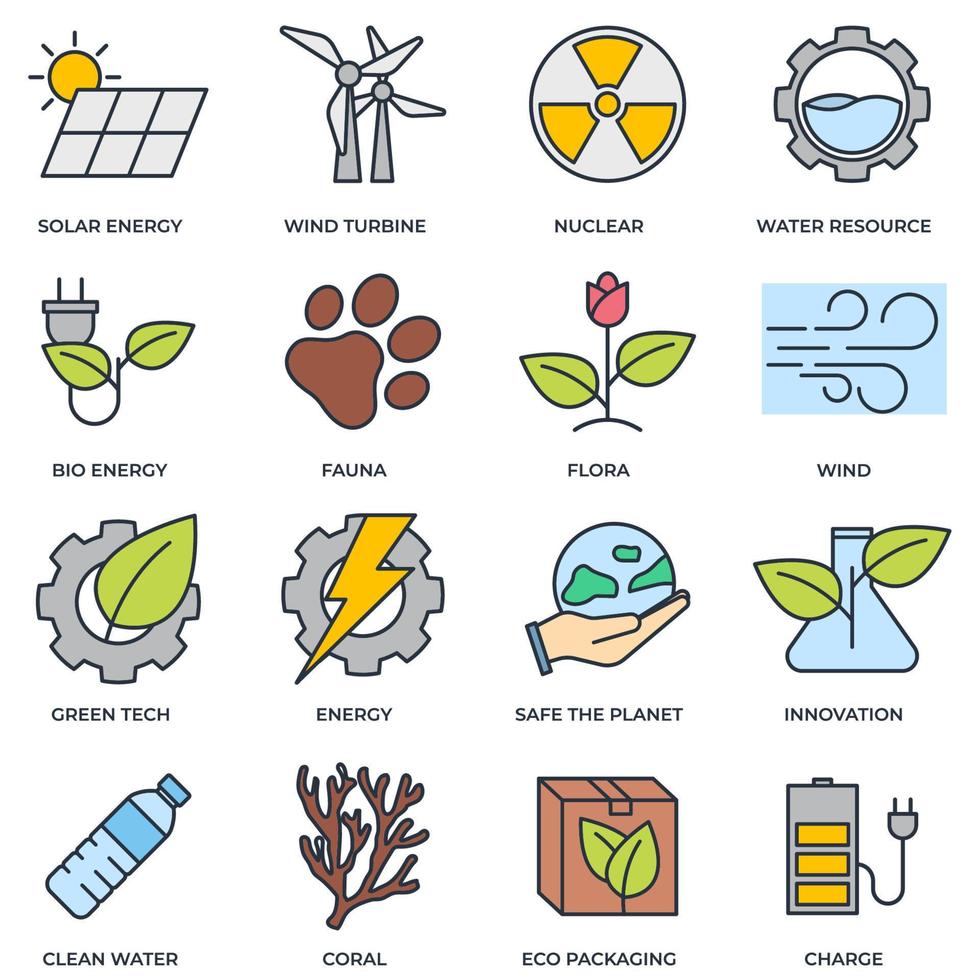 conjunto de ilustração em vetor logotipo ícone ecologia ambiental. pacote ecológico. energia solar, turbina eólica, nuclear, recursos hídricos e modelo de símbolo etc para coleção de design gráfico e web