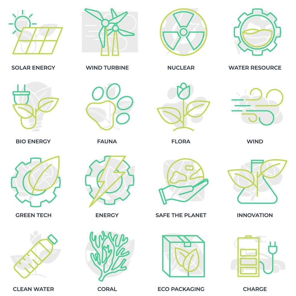 conjunto de ilustração em vetor logotipo ícone ecologia ambiental. pacote ecológico. energia solar, turbina eólica, nuclear, recursos hídricos e modelo de símbolo etc para coleção de design gráfico e web